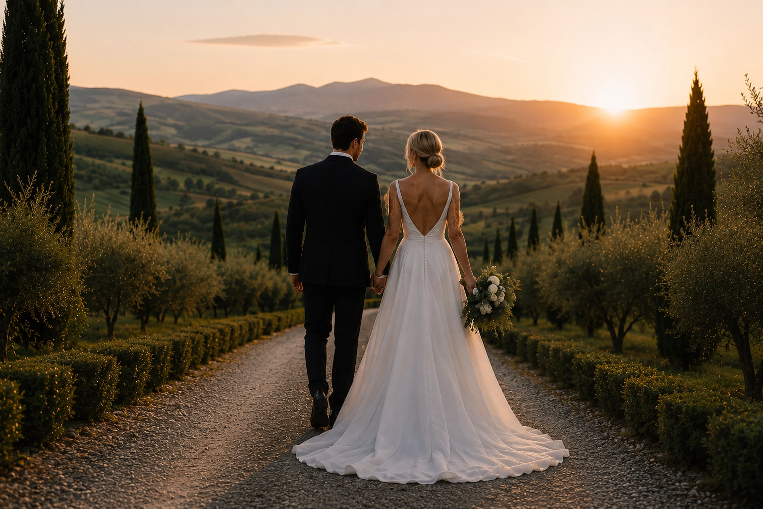 Olivia and Ethan walking through the Tuscan countryside
